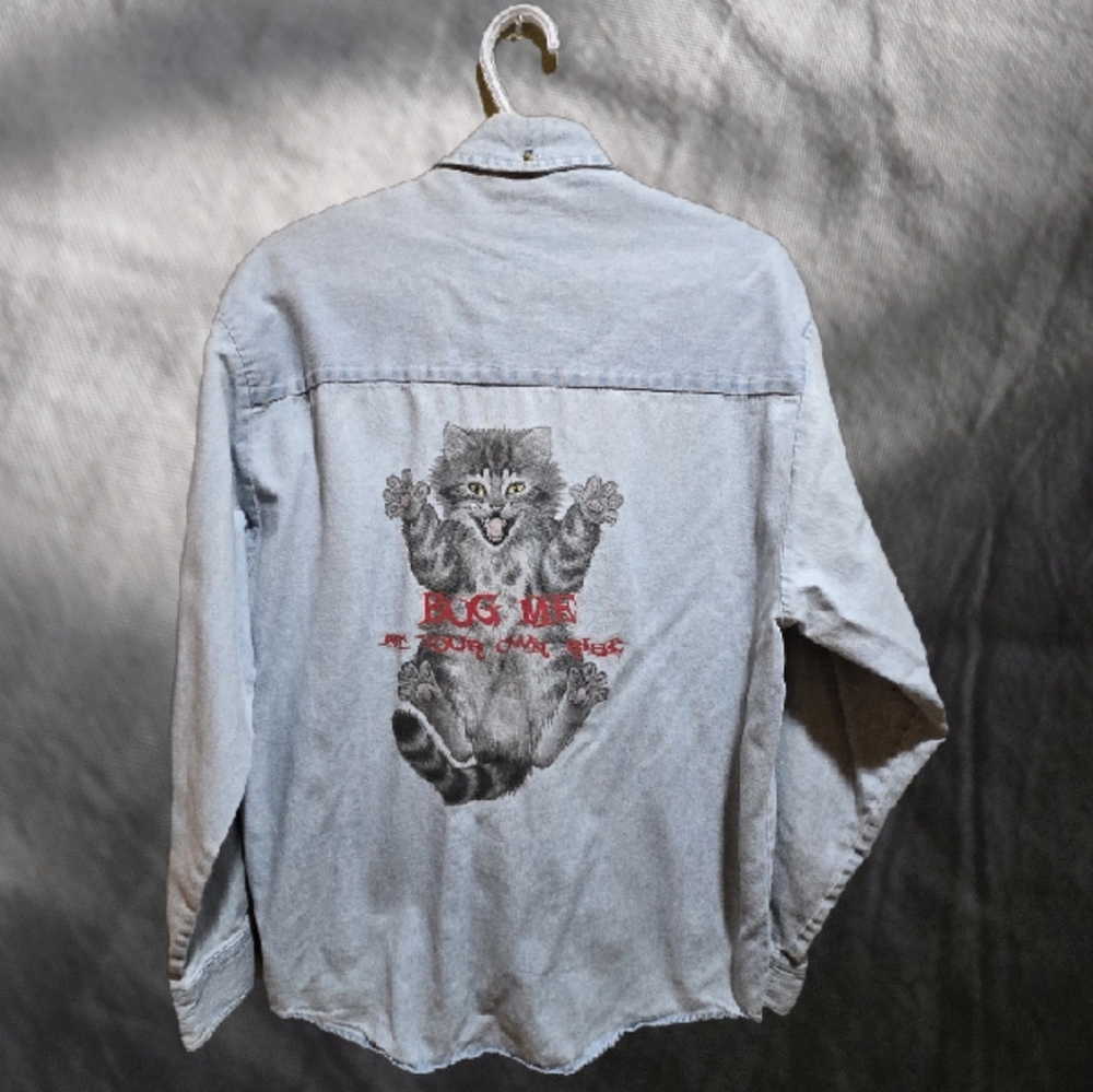 Vintage 100% Cotton Denim Button-Up Cat Shirt- Bug Me At Your Own Risk! 🐾